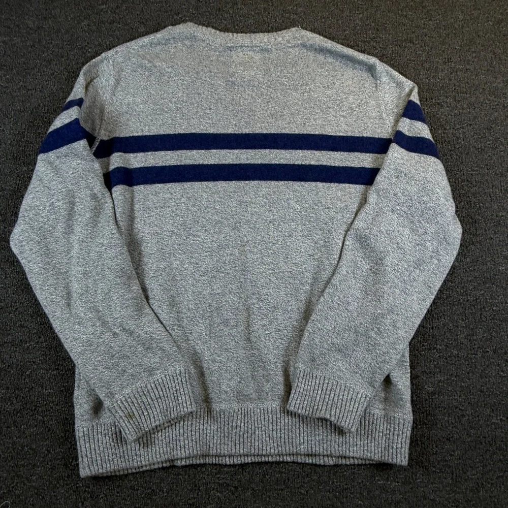 American Eagle Sweater Mens Large Crew Neck Grey Navy Blue Striped EUC